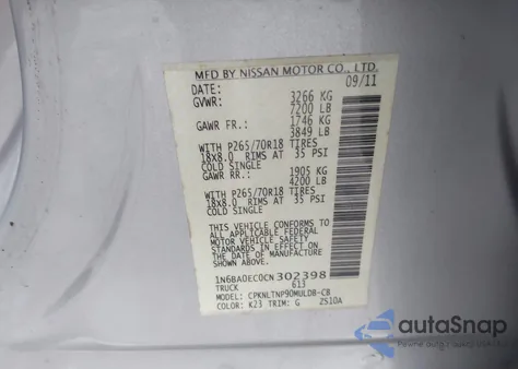 2012 Nissan Titan Sv z USA, uszkodzony, nr VIN 1N6BA0EC0CN302398